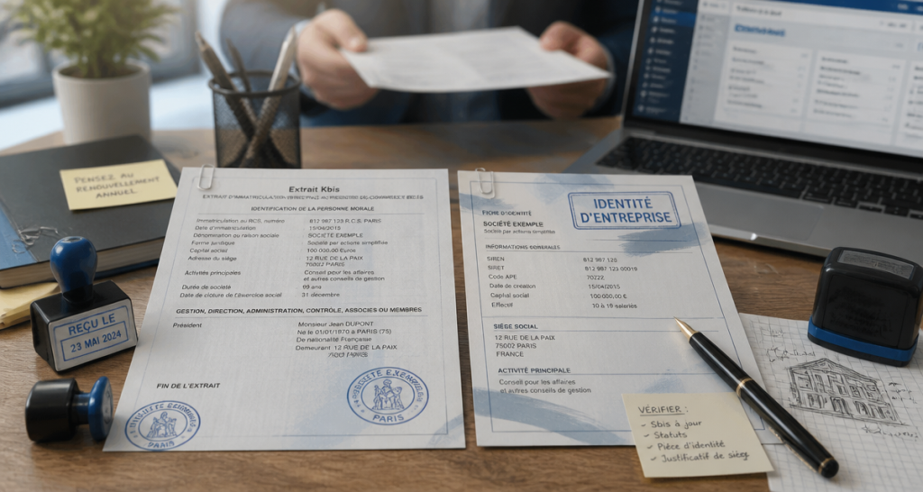 carte identité entreprise kbis sur bureau