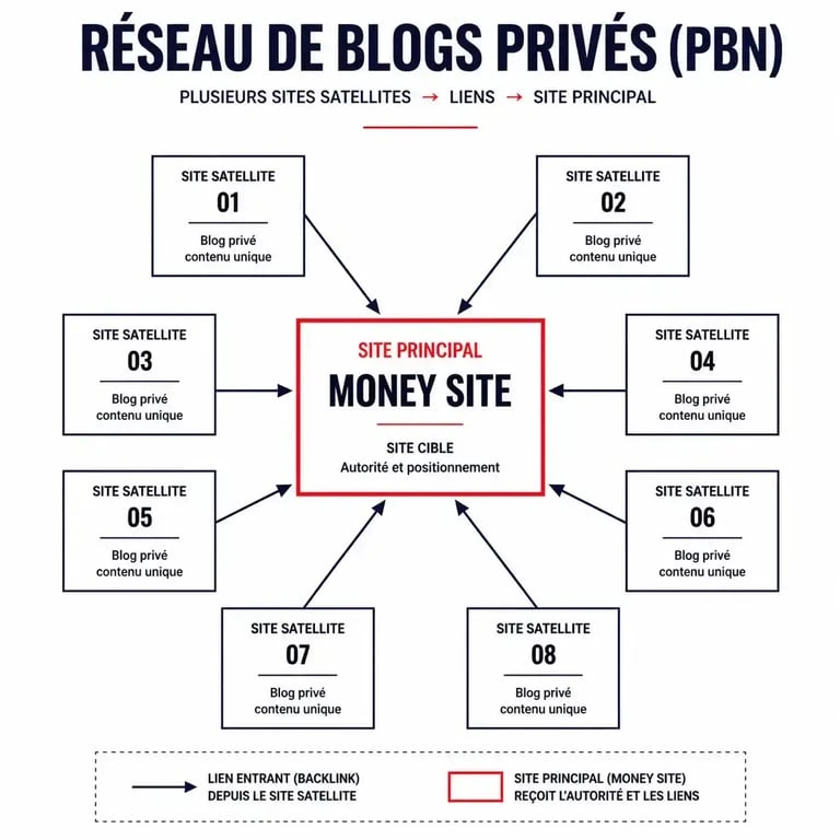 Schéma explicatif du fonctionnement d'un PBN SEO pour le référencement naturel