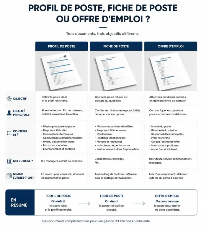 Infographie comparative : profil de poste, fiche de poste et offre d'emploi pour optimiser le recrutement