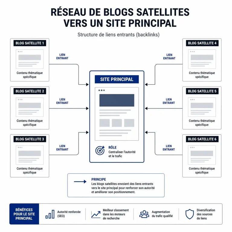 Schéma illustrant le fonctionnement d'un Private Blog Network (PBN) et le transfert d'autorité vers un site principal
