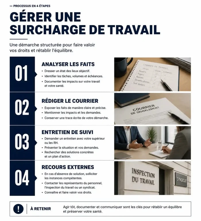 Infographie des étapes pour signaler une surcharge de travail à son employeur