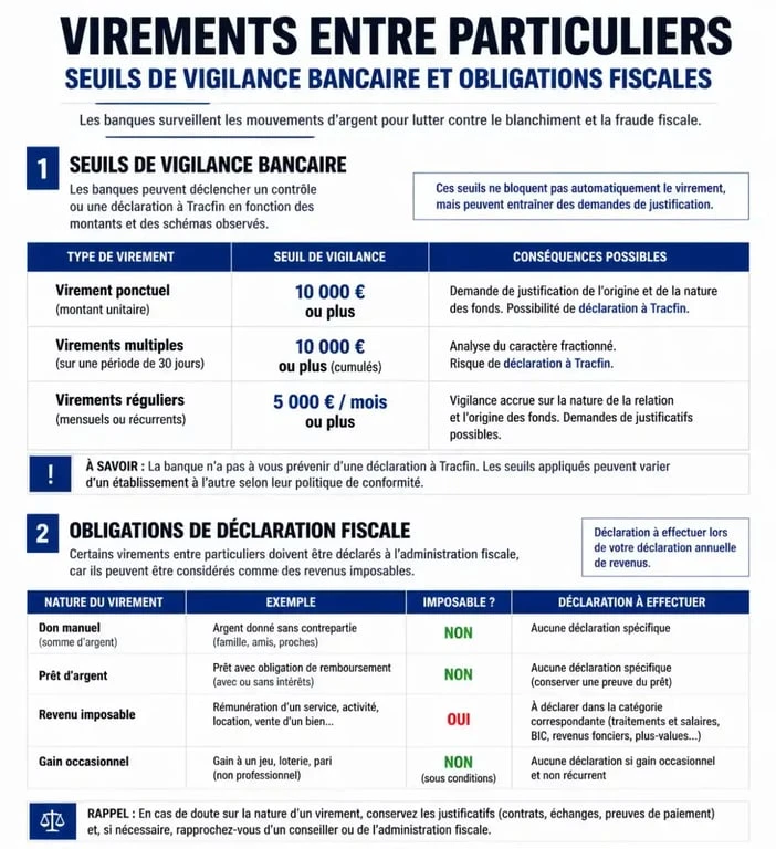 Infographie des seuils et obligations de déclaration pour un virement bancaire et contrôle fiscal