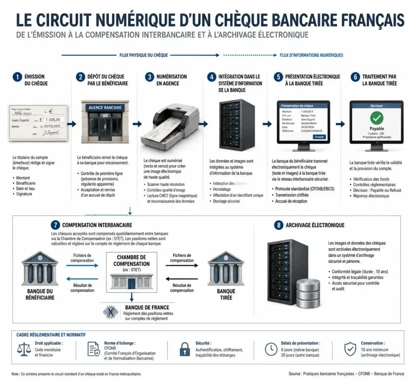 Schéma explicatif du circuit et de la traçabilité d'un chèque bancaire en France