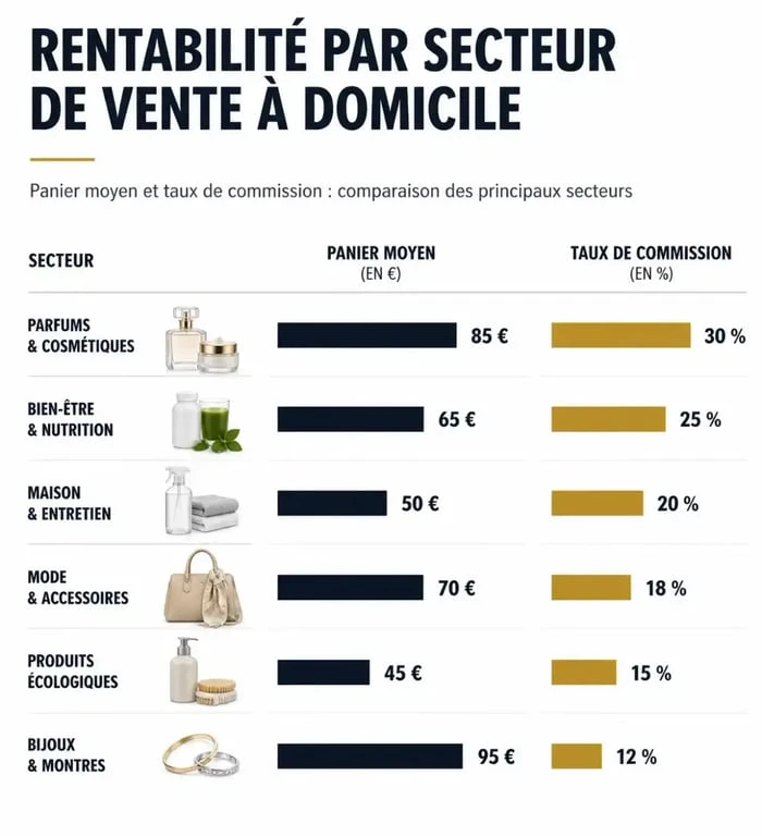 Infographie comparant la rentabilité des secteurs de la vente à domicile pour les VDI