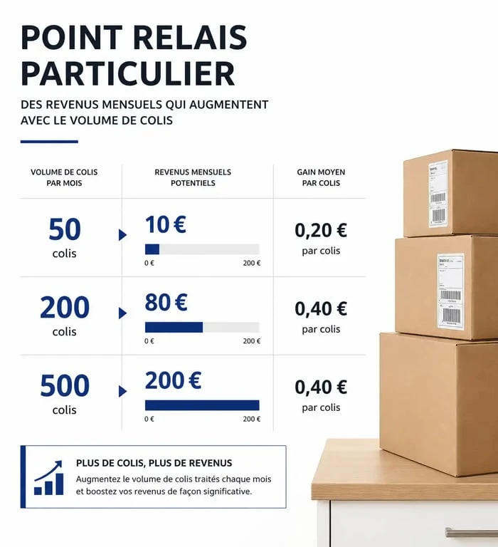 Infographie des revenus mensuels pour devenir point relais particulier et recevoir des colis à domicile