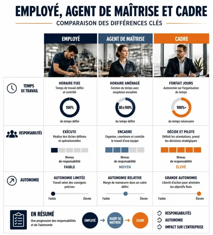 Infographie comparative des statuts professionnels : employé, agent de maîtrise et cadre