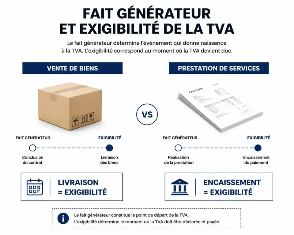 Schéma explicatif de la TVA exigible : différence entre vente de biens et prestation de services pour la déclaration fiscale.