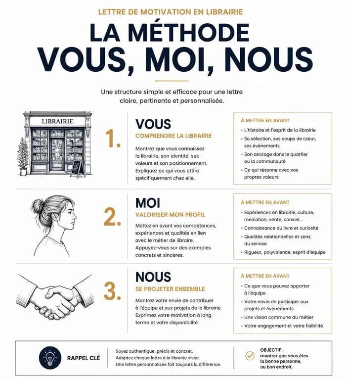 Infographie de la méthode Vous, Moi, Nous pour rédiger une lettre de motivation en librairie efficace.
