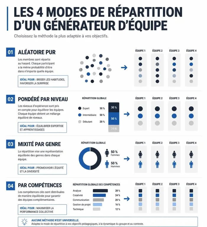 Infographie des modes de répartition pour générateur d'équipe : aléatoire, pondéré, mixité et compétences