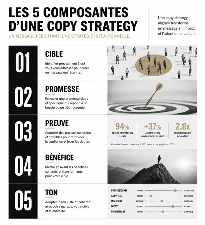Infographie des 5 composantes d'une copy strategy pour le marketing
