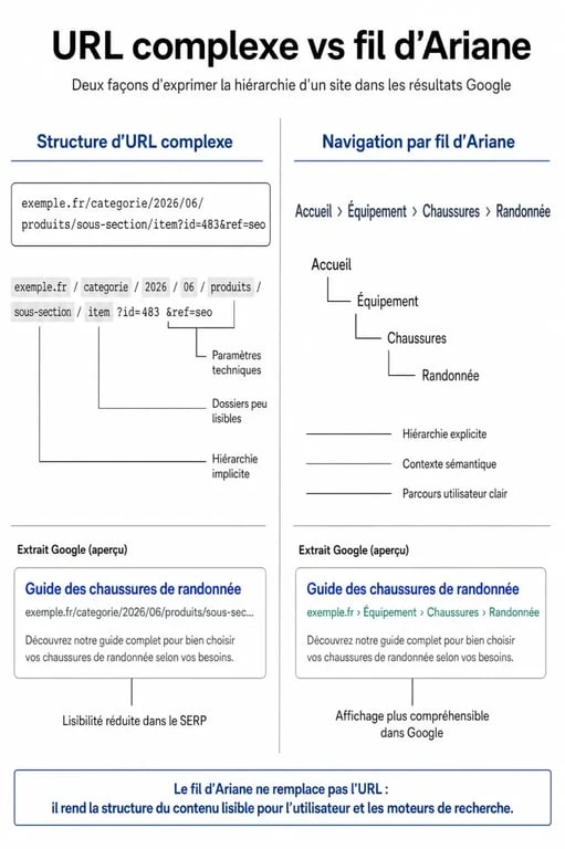 Schéma explicatif du fonctionnement des breadcrumbs SEO pour l'indexation Google