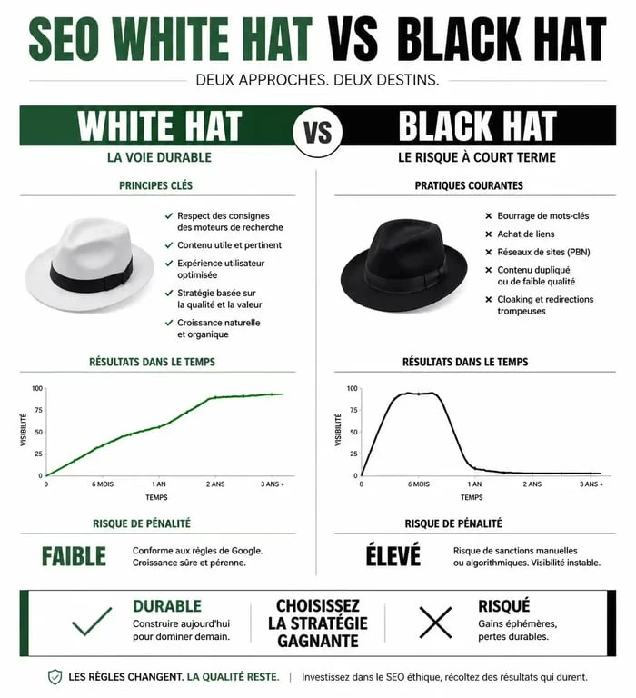 Infographie comparative entre optimisation SEO White Hat et manipulation Black Hat