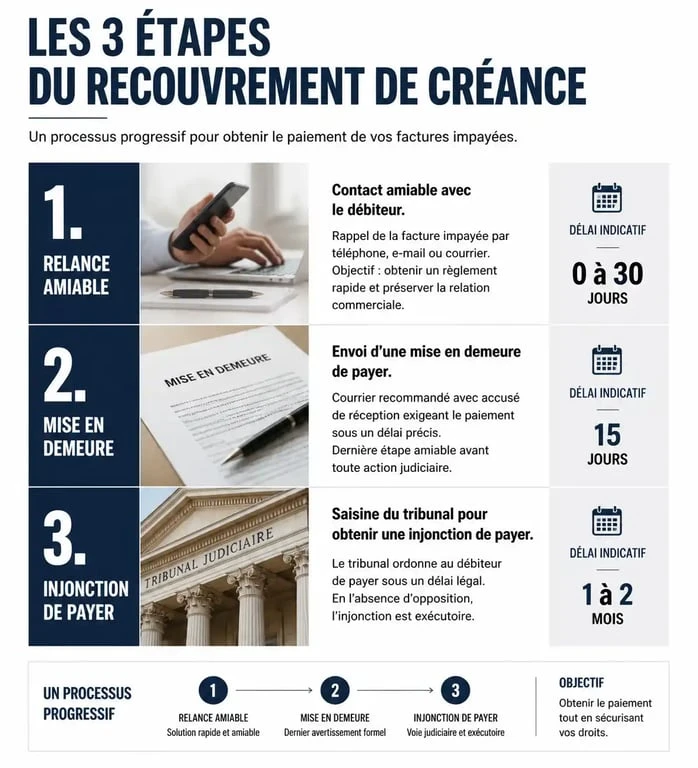 Infographie des étapes du recouvrement de créance et lettre de mise en demeure de payer