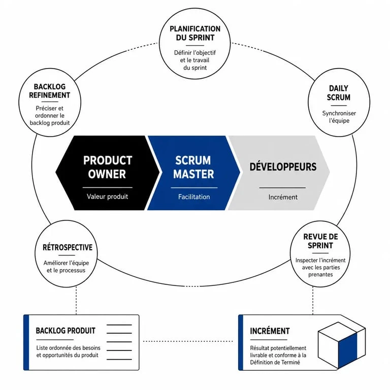 Schéma de la structure et des rôles d'une équipe Scrum performante