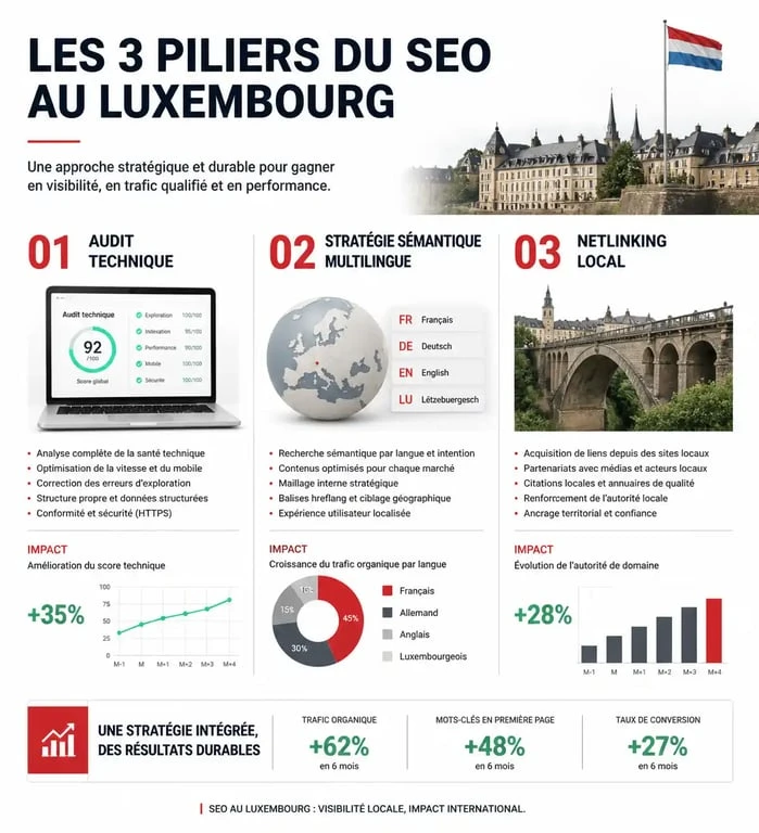 Infographie des trois piliers du SEO pour une agence SEO au Luxembourg