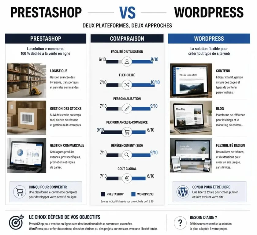 Infographie comparative entre PrestaShop et WordPress pour choisir son CMS e-commerce