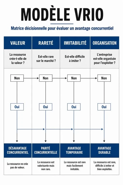 Schéma explicatif du modèle VRIO pour l'analyse stratégique des ressources d'entreprise