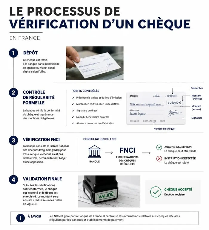 Infographie sur le processus de vérification réglementaire d'un chèque bancaire en France