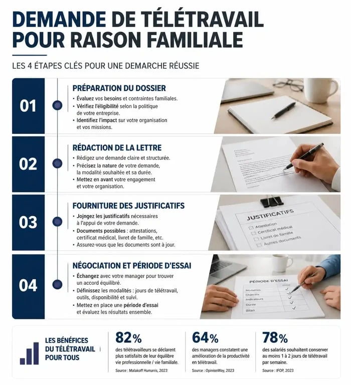 Infographie des étapes pour réussir sa demande de télétravail pour raison familiale