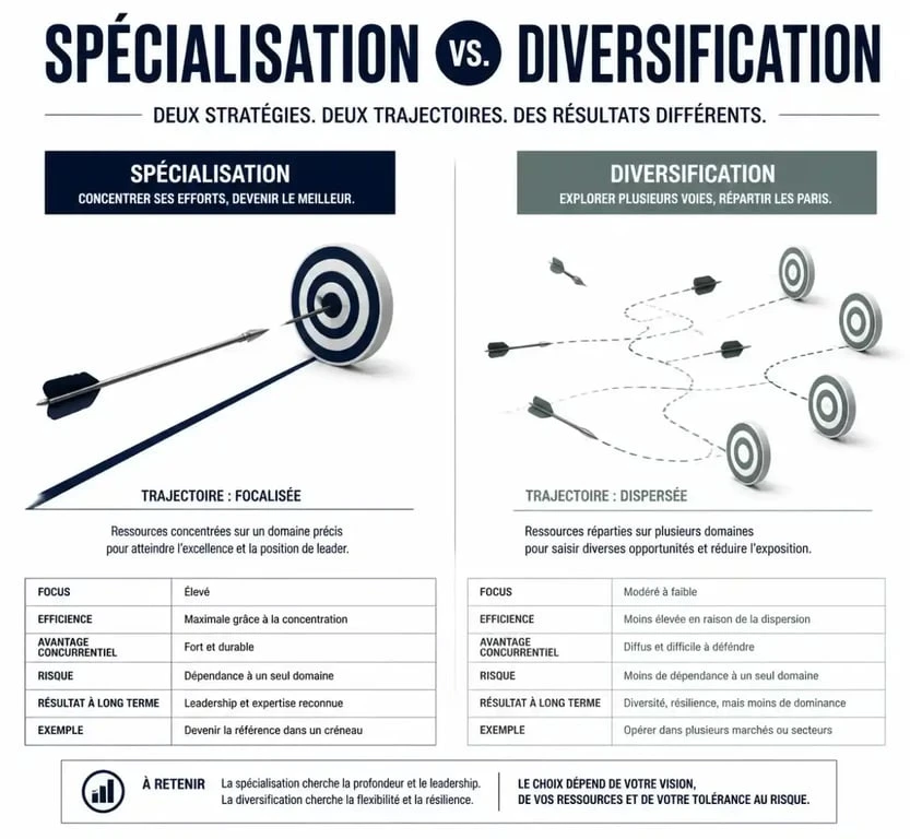 Infographie comparative entre la stratégie de spécialisation et la diversification pour les entreprises