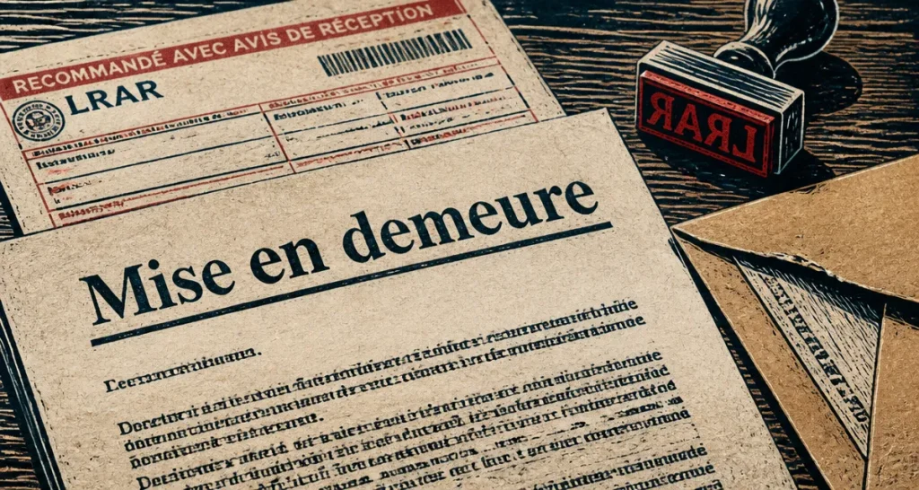 Lettre de mise en demeure de payer sur bureau, LRAR et tampon rouge