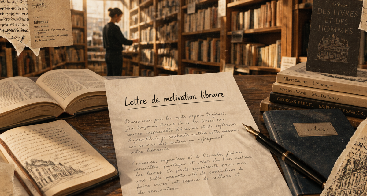 Lettre de motivation librairie manuscrite sur comptoir entourée de livres