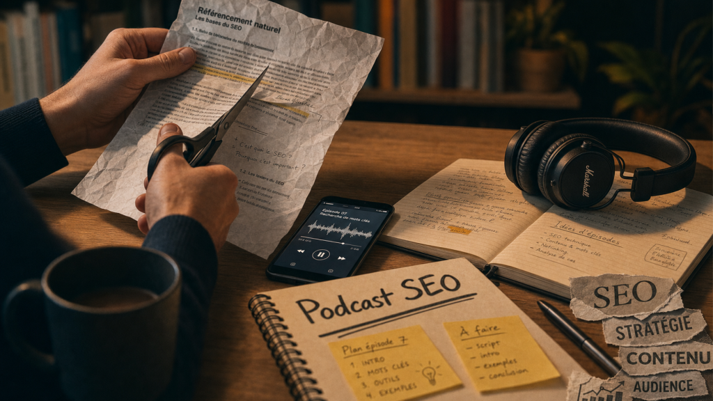 Podcast seo : casque et lecteur audio sur un bureau