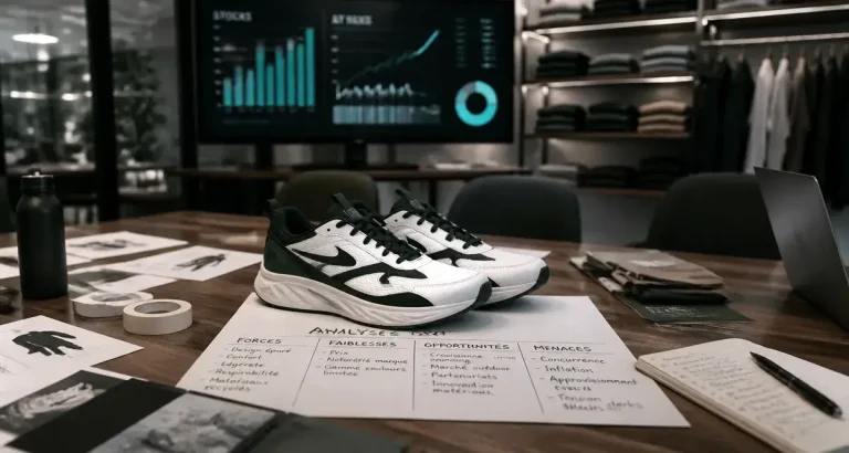 SWOT Nike : forces, faiblesses et enjeux stratégiques, chaussures de running sur table de réunion