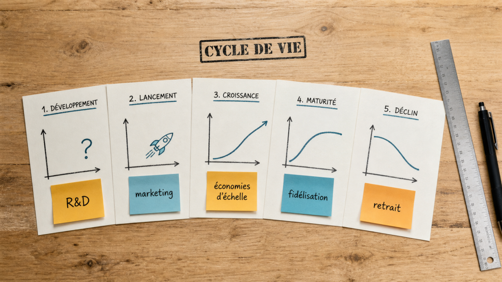 Le cycle de vie d'un produit en 5 étapes clés : développement, lancement, croissance, maturité, déclin