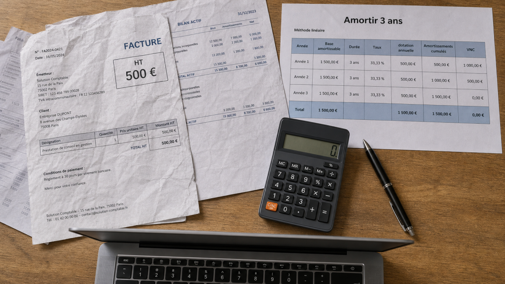 Durée amortissement matériel informatique : 3 à 5 ans, facture HT 500 €