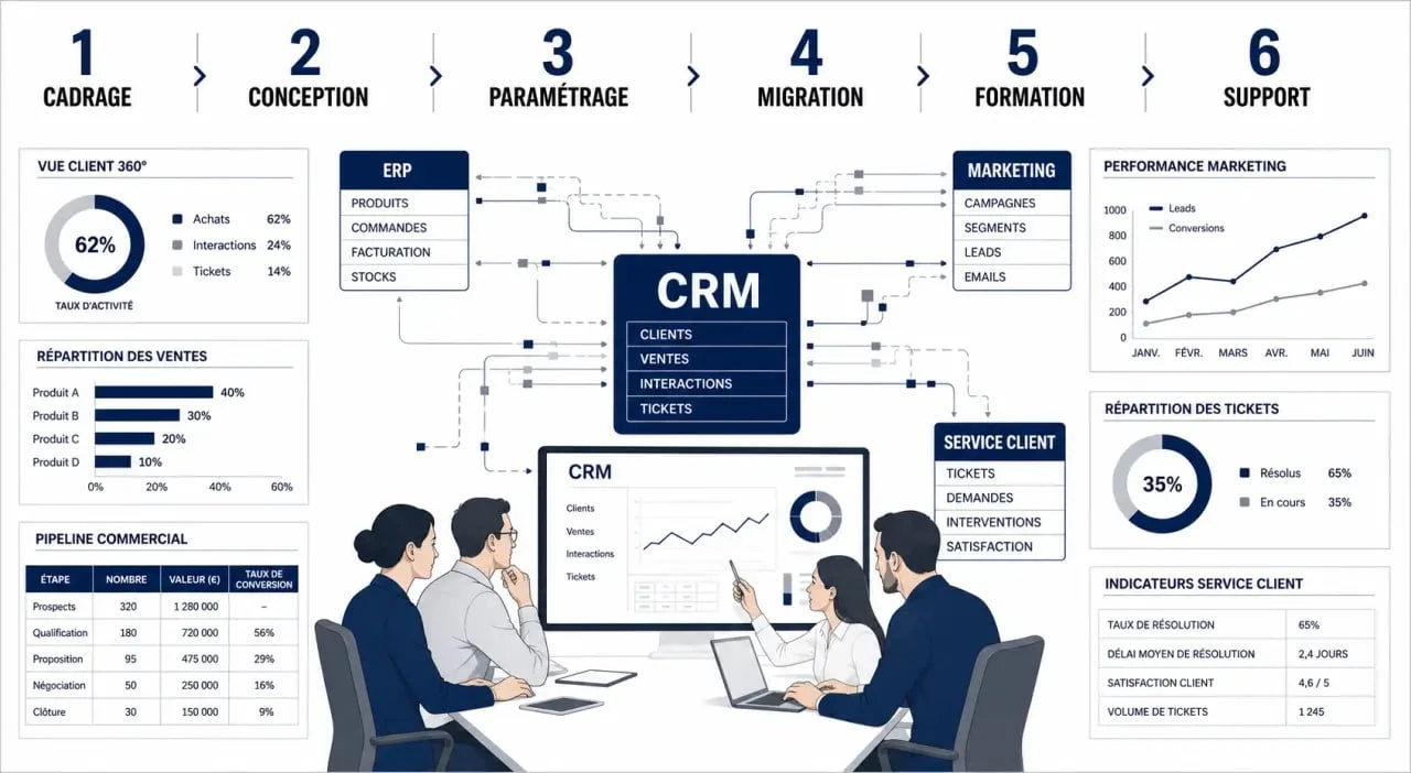 Intégrateur CRM : frise visuelle des étapes d’un projet d’intégration CRM