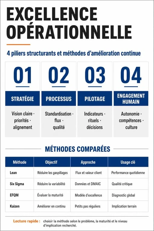 Infographie sur les piliers et méthodes de l'excellence opérationnelle