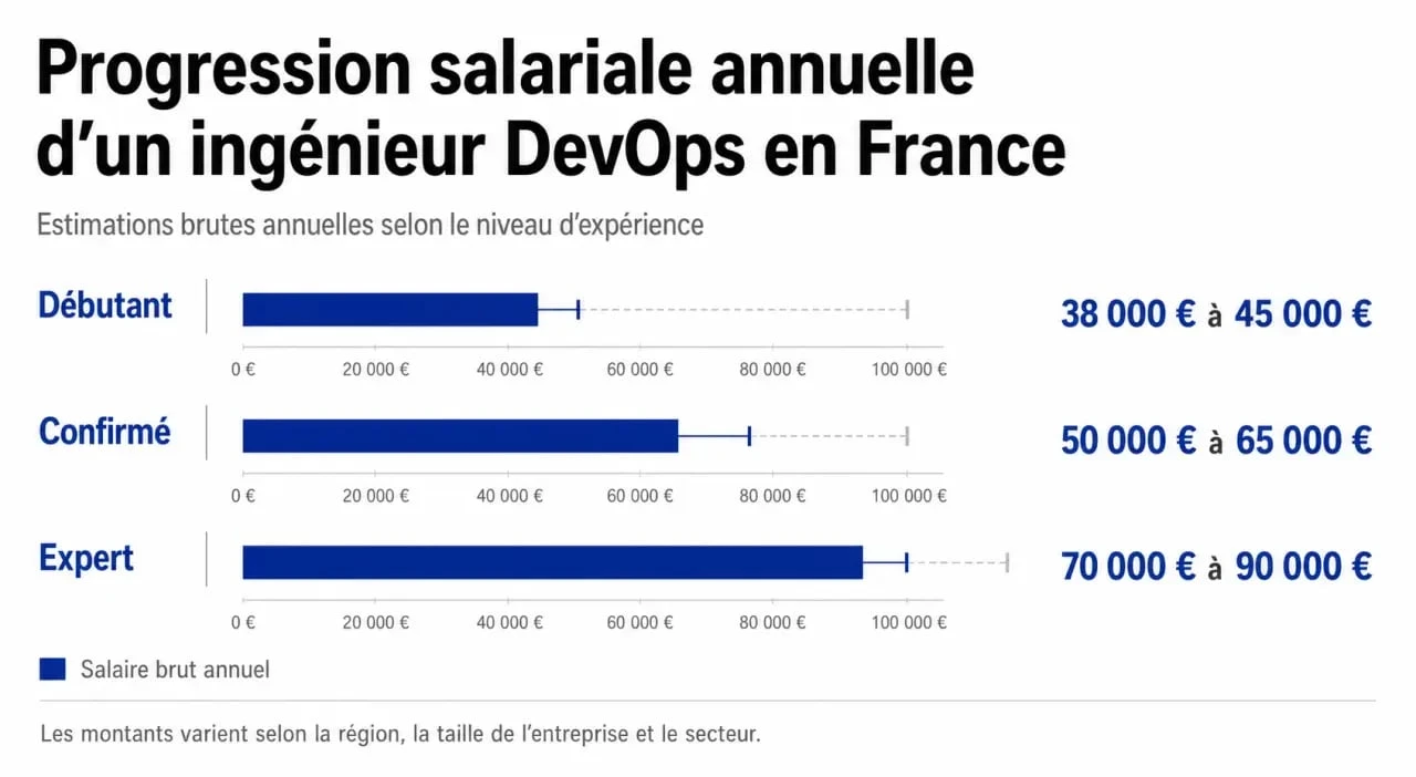Graphique illustrant l'évolution du salaire d'un ingénieur DevOps en France selon l'expérience