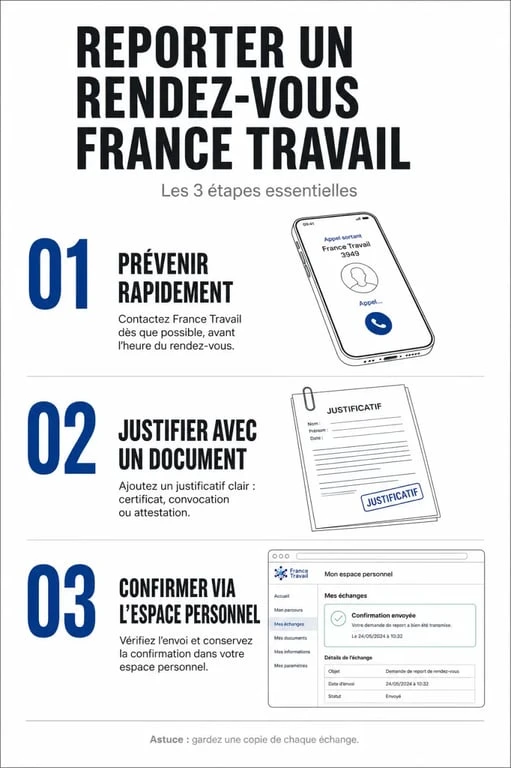 Infographie des étapes pour reporter un rendez-vous France Travail sans risque de radiation
