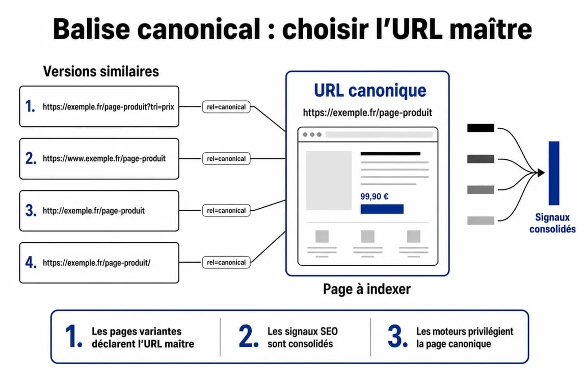 Schéma explicatif de la balise canonical pour résoudre le problème de duplicate content en SEO