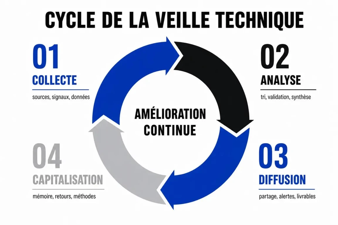 Schéma du processus de veille technique en quatre étapes pour une stratégie d'innovation efficace