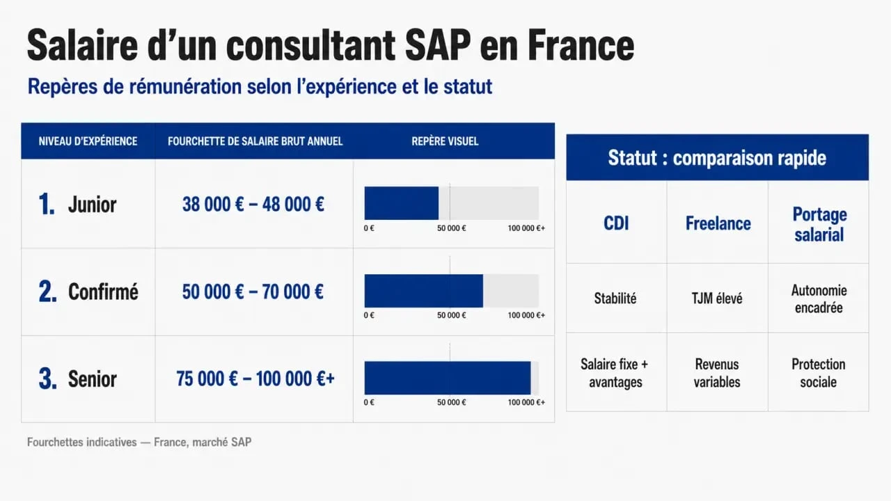 Consultant SAP salaire en France : comparaison des fourchettes junior, confirmé et senior, avec CDI, freelance et portage salarial