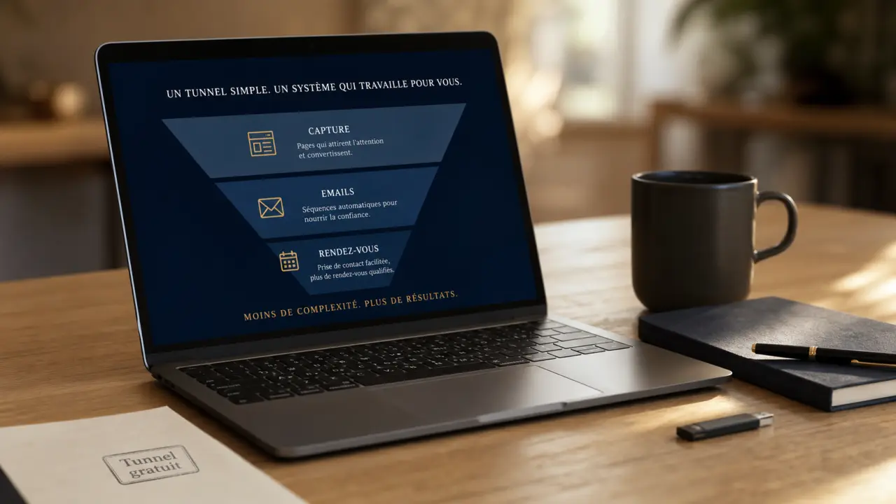 Tunnel de vente gratuit : ordinateur et étapes capture → emails → rendez-vous