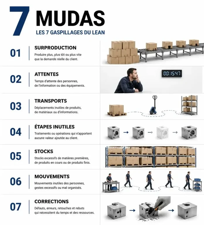 Illustration des 7 mudas ou gaspillages dans le processus lean