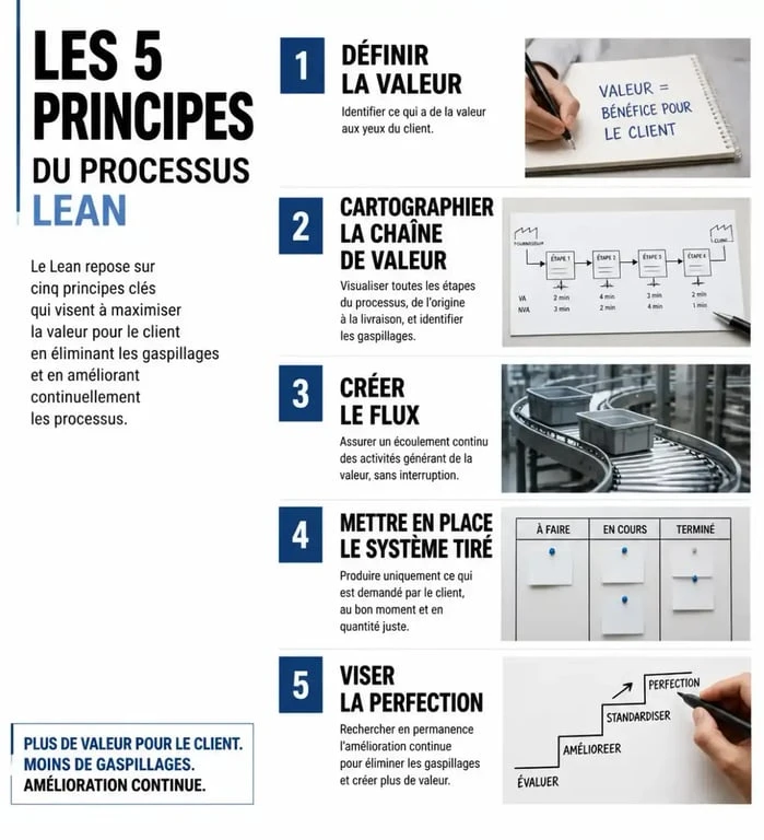 Infographie des 5 principes du processus lean pour l'optimisation des flux
