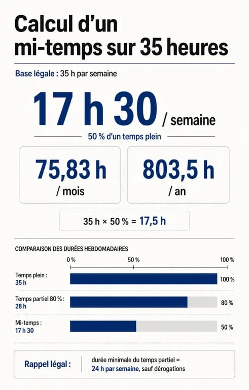 Combien d heures pour un mi temps : calcul visuel d’un mi-temps sur base 35 h, avec 17 h 30 par semaine, 75,83 heures par mois et seuil légal de 24 h