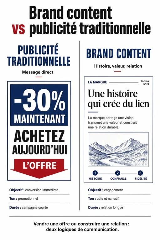 Brand content definition : différences entre brand content et publicité traditionnelle