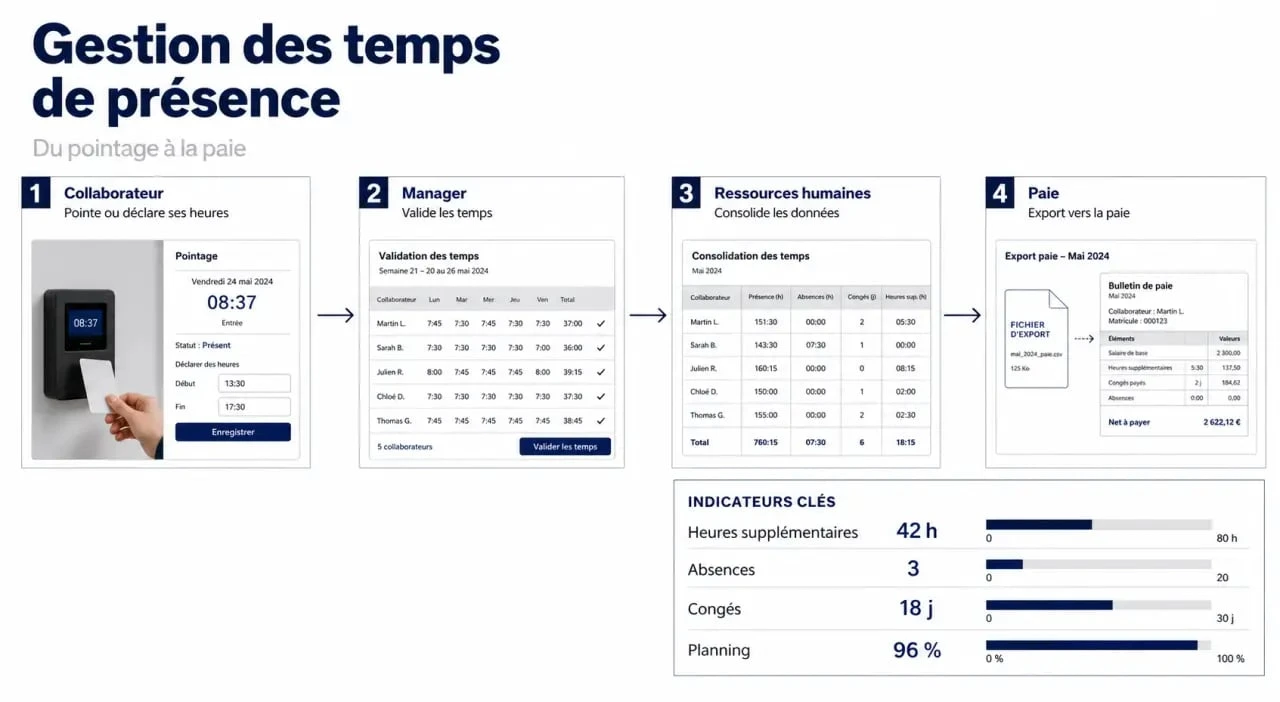 Gestion des temps de présence : flux de pointage, validation et export paie en entreprise