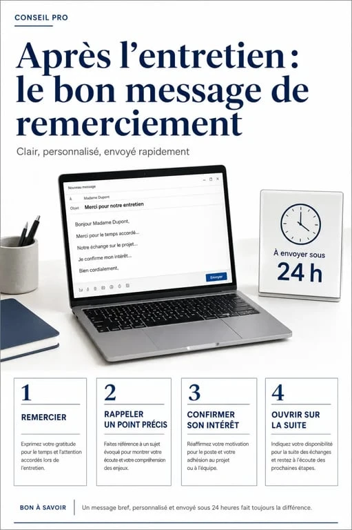 Remerciement après entretien : visuel éditorial montrant un email professionnel envoyé dans les 24 heures