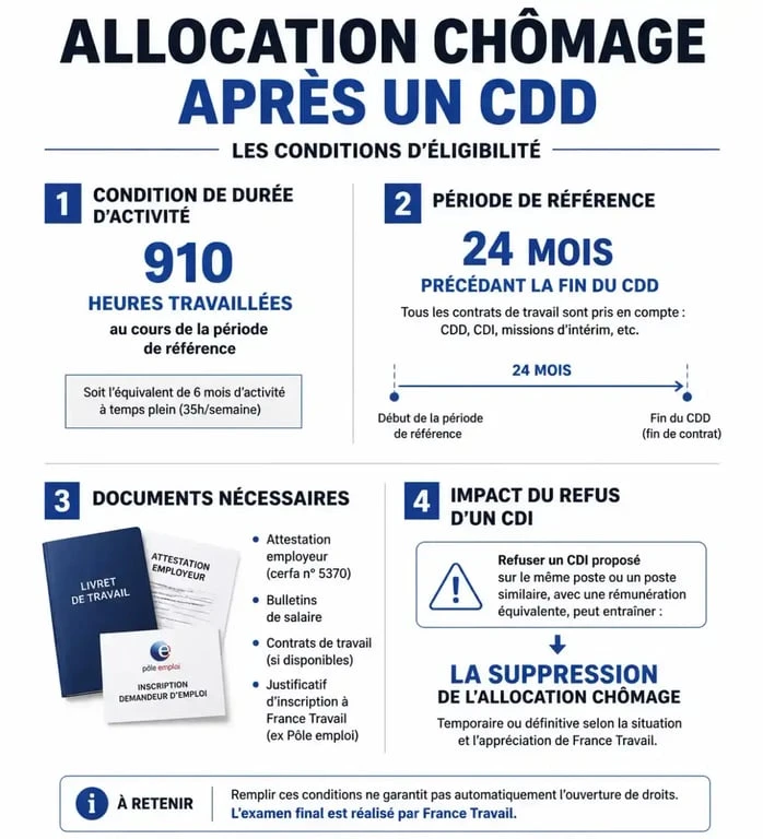 Infographie des conditions d'éligibilité au chômage après un CDD