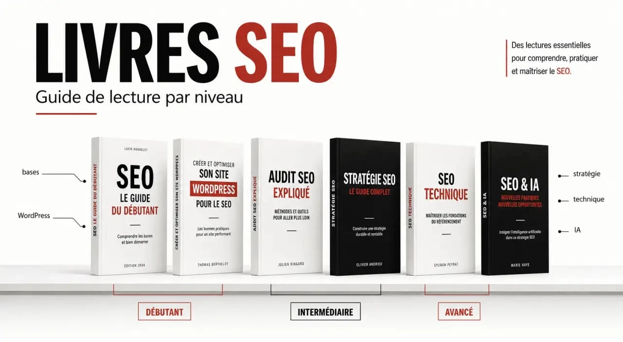 Livres seo comparés dans un visuel éditorial montrant les niveaux, thématiques et repères de prix