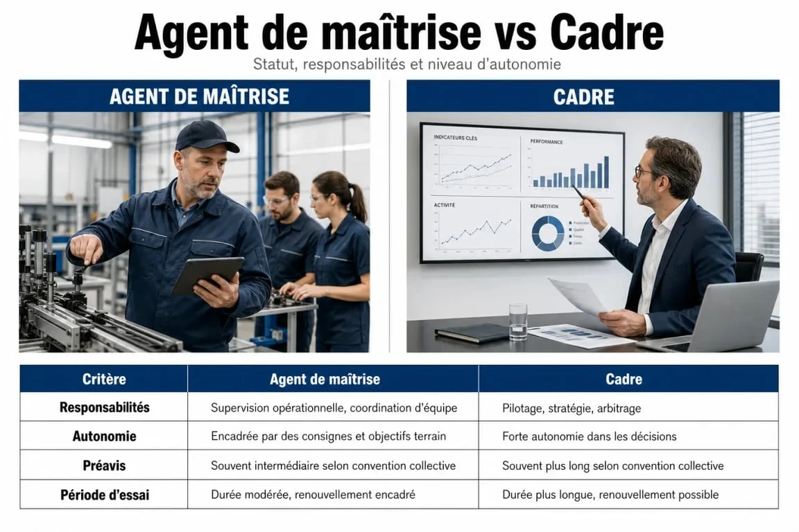 Comparatif agent de maitrise cadre ou non cadre : hiérarchie, autonomie, préavis et responsabilités