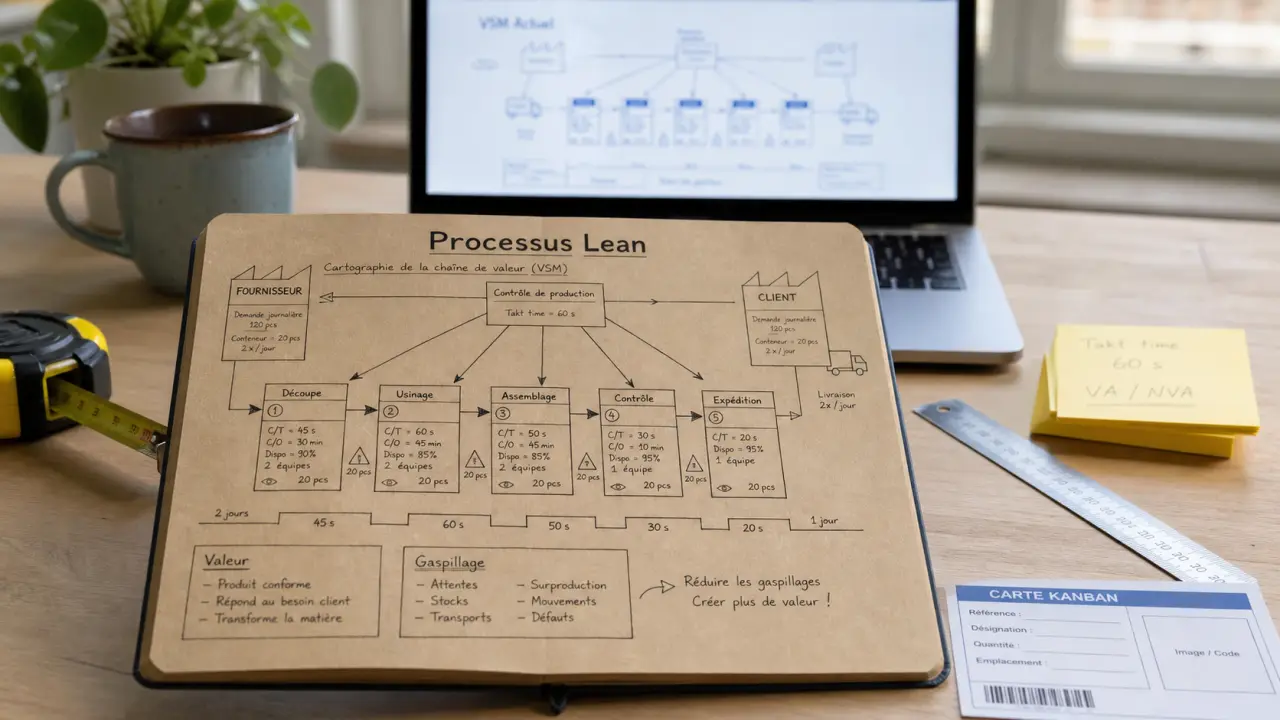 Processus lean : 7 gaspillages à éliminer, VSM et Kanban