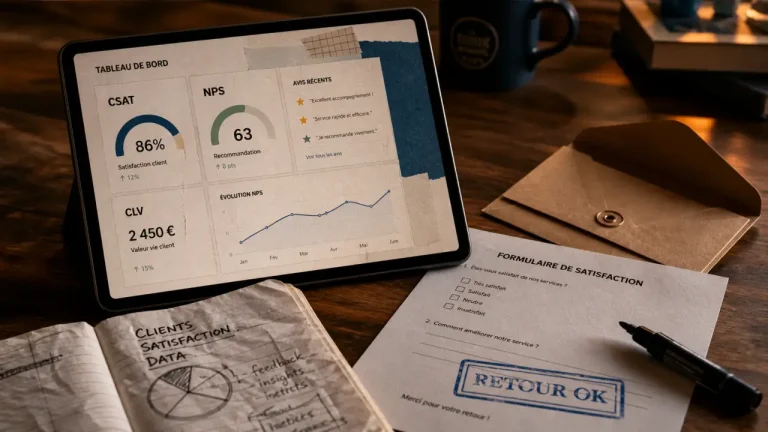 Satisfactions clients CSAT NPS avis en ligne sur tableau de bord