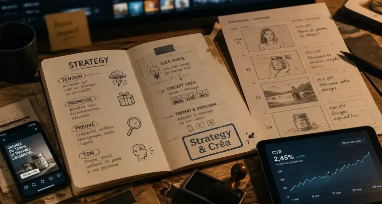 Strategy and creative : carnet, storyboard et CTR pour aligner idée, preuve, performance